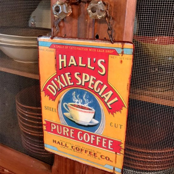 VINTAGE METAL SIGN Coffee Kitchen "Hall's Dixie Coffee" Wall Decor. PASTin® Historic Can Label