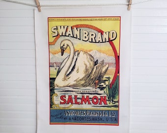 KITCHEN TOWELS, Tea Towel, Linens VINTAGE "Swan Brand" Sslmon 100 % Cotton Original 1890's Food Label from the Great Pacfic Northwest.