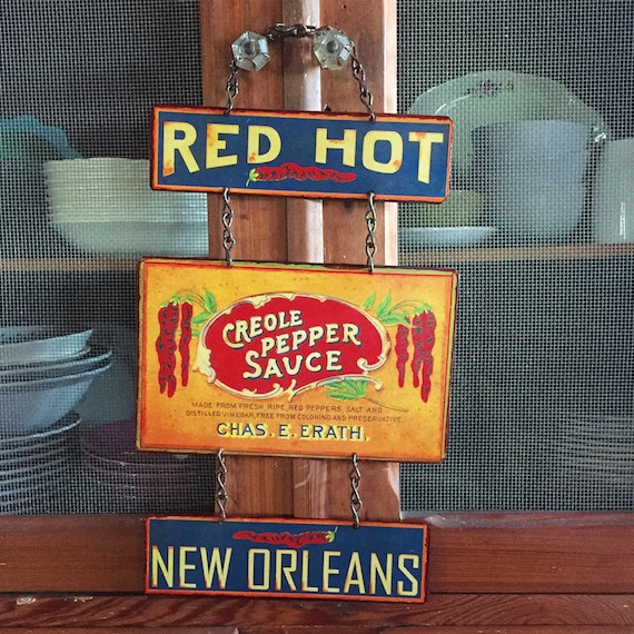 VINTAGE METAL SIGN Kitchen Decor Peppers "Red Hot Creole Pepper Sauce" Home Wall Decor, Historic Art Label. PASTin®