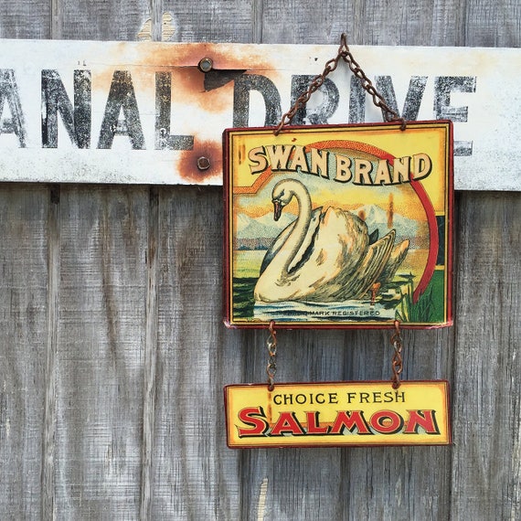 VINTAGE METAL SIGN Salmon Fisherman Kitchen "Swan Brand" Home Wall Decor, Historic Art Label. PASTin®
