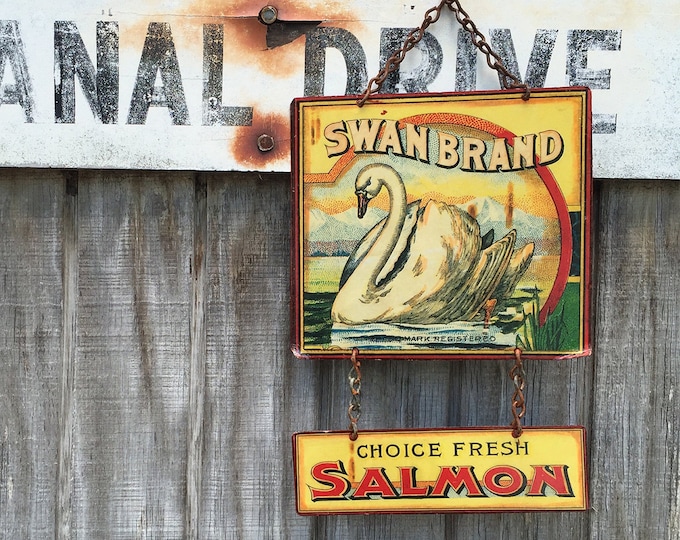 Vintage Swan Brand Metal Sign: Salmon Fisherman Kitchen Decor