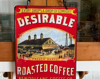 VINTAGE METAL Signs, Retro Wall Decor, Coffee Signs, “Desirable Roasted Coffee” ANTIQUE food label Reproduction.