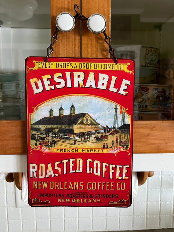 VINTAGE METAL Signs, Retro Wall Decor, Coffee Signs, “Desirable Roasted Coffee” ANTIQUE food label Reproduction.