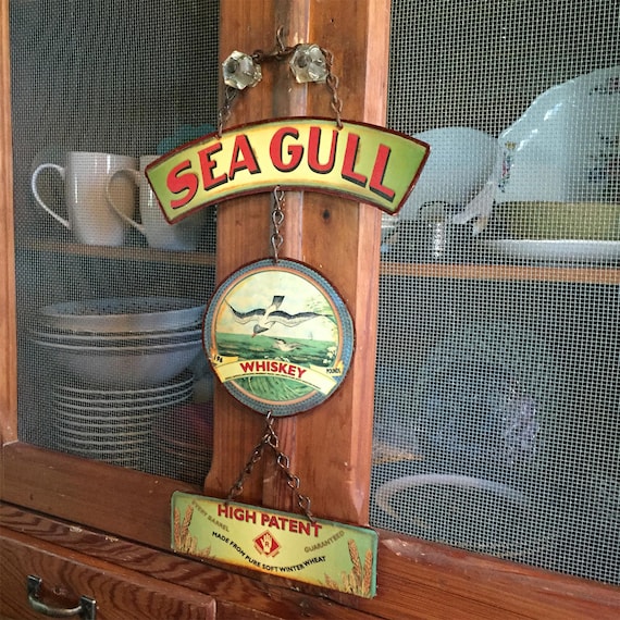 VINTAGE METAL SIGNS Beach Home Decor "Seagull Whiskey" Wall Hanging, Old Historic Art Label. PASTin®