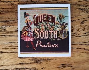 VINTAGE POSTCARD 6: x 6" Trade Label Reproduction "Queen of the South" Pralines Historic Artwork from Past Cards® Label Collection.