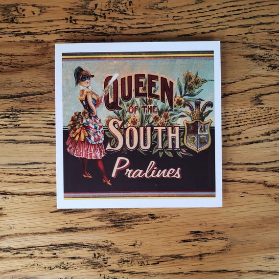 VINTAGE POSTCARD 6: x 6" Trade Label Reproduction "Queen of the South" Pralines Historic Artwork from Past Cards® Label Collection.