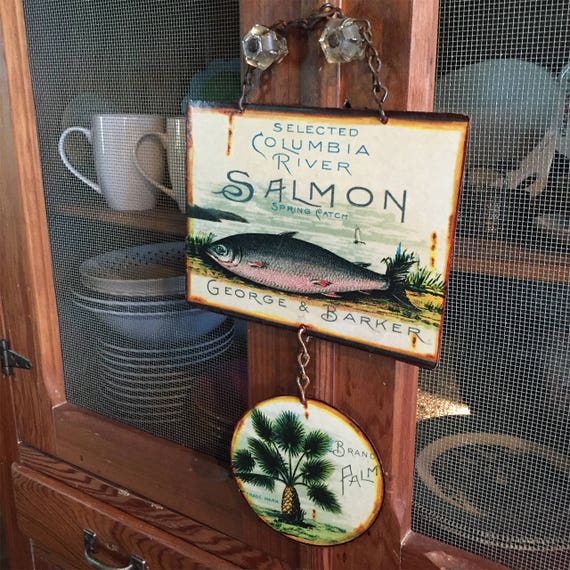 VINTAGE METAL SIGNS Palm Tree Coastal Decor "Palm Brand Salmon" Home Wall Decor, Historic Art Label. PASTin®