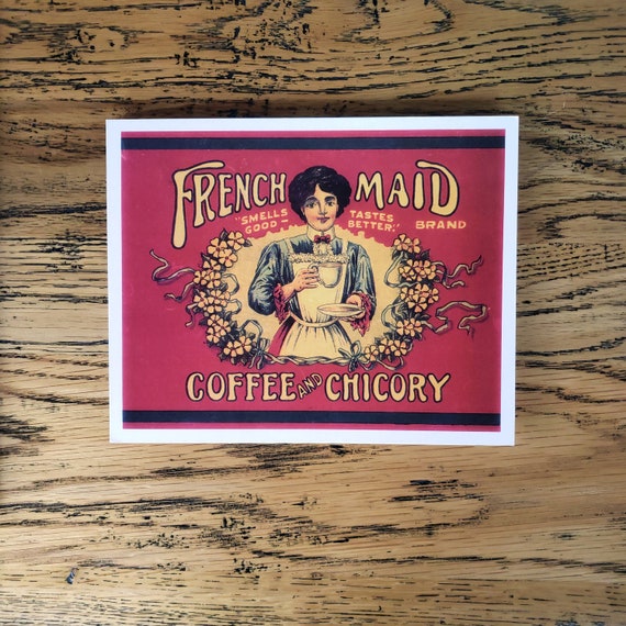 VINTAGE POSTCARD Trade Label Reproduction "French Maid Coffee & Chicory" Brand Historic Artwork