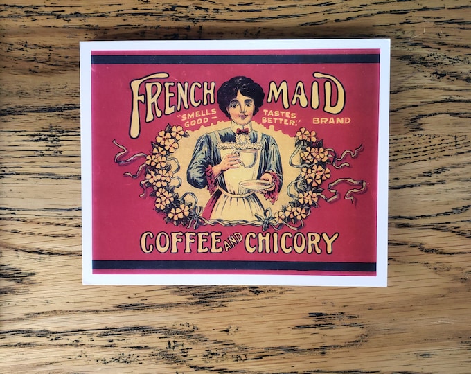 VINTAGE POSTCARD Trade Label Reproduction "French Maid Coffee & Chicory" Brand Historic Artwork