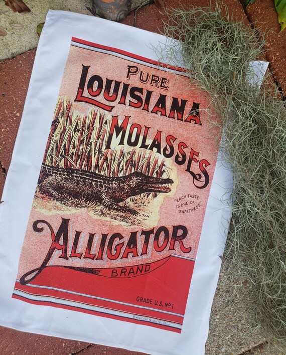 KITCHEN TOWELS, Tea Towel, Linens VINTAGE "Cajun Alligator" Swamp 100 % Cotton Original 1890's Food Label
