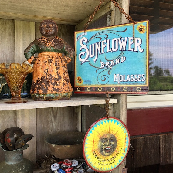 VINTAGE METAL SIGN Country Kitchen "Sunflower Molasses Brand" Home Wall Decor, Historic Art Label. PASTin®