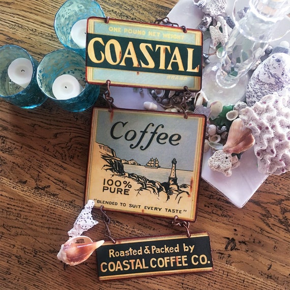 VINTAGE METAL SIGNS, vintage coffee sign, Beach House Special "Coastal Coffee" Home Wall Decor, Historic Art Label. PASTin®