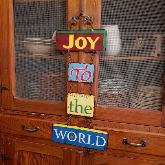 Vintage METAL SIGN CHRISTMAS  "Joy to the World". Hang on your front door at Christmas time or year round...spread Joy.