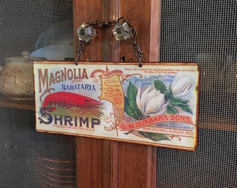 CRATE LABEL SIGN - Shrimp Label Metal Sign - Magnolia Blossom - Kitchen Wall Decor, Historic Art Label. PASTin®