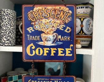 VINTAGE METAL Signs, Vintage Sign, Retro Wall Hanging, COFFEE sign “ Crescent Roasted Coffee” Kitchen Decoration.