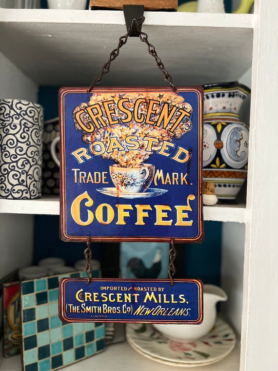 VINTAGE METAL Signs, Vintage Sign, Retro Wall Hanging, COFFEE sign “ Crescent Roasted Coffee” Kitchen Decoration.