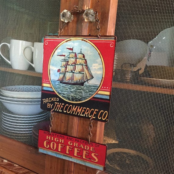 VINTAGE METAL SIGNS, Vintage Coffee Sign Schooner Ship "Commerce Coffee Brand" Home Wall Decor, Historic Art Label. PASTin®