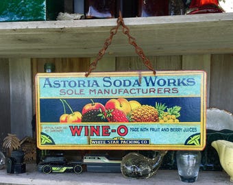 VINTAGE METAL SIGNS, Soda Sign, Pacific Northwest Historic Astoria  "Wine-O Soda" Vintage Food Label Reproduction Wall Decor. PASTin®