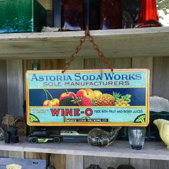 VINTAGE METAL SIGNS, Soda Sign, Pacific Northwest Historic Astoria  "Wine-O Soda" Vintage Food Label Reproduction Wall Decor. PASTin®