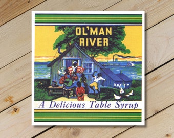 VINTAGE CARD a delicious Reproduction of 1890's Can Label. "Ol' Man River" Table Syrup Art, Antique art suitable for Framing.