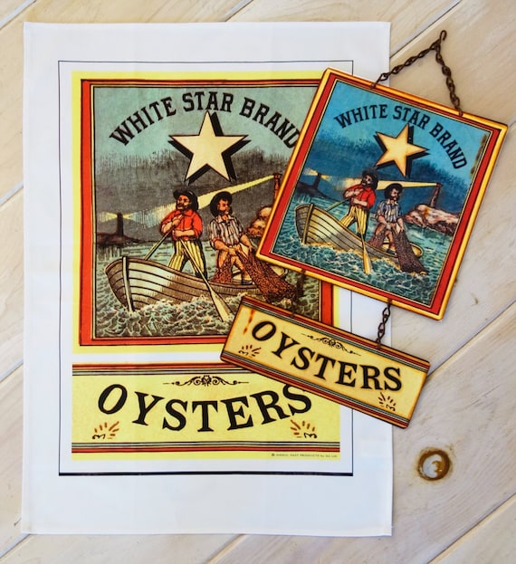 VINTAGE TOWELS Kitchen Towel Combo - Raw Oysters Kitchen Towel and Sign Duo