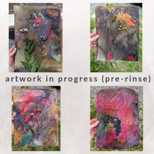 Pu&ograve; includere: Quattro lastre metalliche rettangolari con stampe botaniche e motivi a inchiostro astratti nei toni del rosa, blu, arancione e nero. Il testo "artwork in progress (pre-rinse)" &egrave; centrato sotto le immagini superiori. Ogni lastra mostra sagome floreali uniche e vivaci lavaggi di colore stratificati.