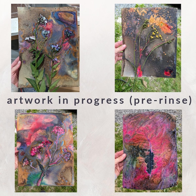 Pu&ograve; includere: Quattro lastre metalliche rettangolari con stampe botaniche e motivi a inchiostro astratti nei toni del rosa, blu, arancione e nero. Il testo "artwork in progress (pre-rinse)" &egrave; centrato sotto le immagini superiori. Ogni lastra mostra sagome floreali uniche e vivaci lavaggi di colore stratificati.