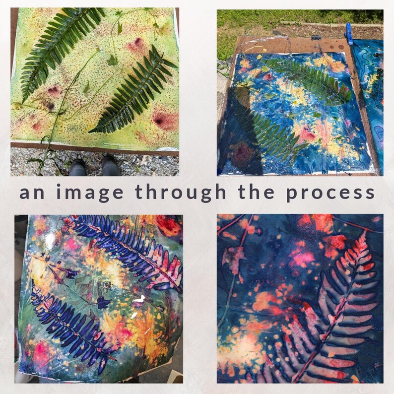 Pu&ograve; includere: Un collage in quattro parti che mostra la creazione di arte botanica, con foglie di felce su carta e schizzi di vernice gialla, blu e rosa. Il testo "an image through the process" &egrave; centrato. I pannelli mostrano varie fasi della lavorazione.