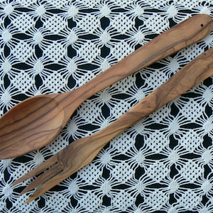 Salad Serving Set Olive Wood | Wooden Curved Spoon and Fork for greens, Server Set | Handmade Rustic Utensils | Hand carved gift for kitchen
