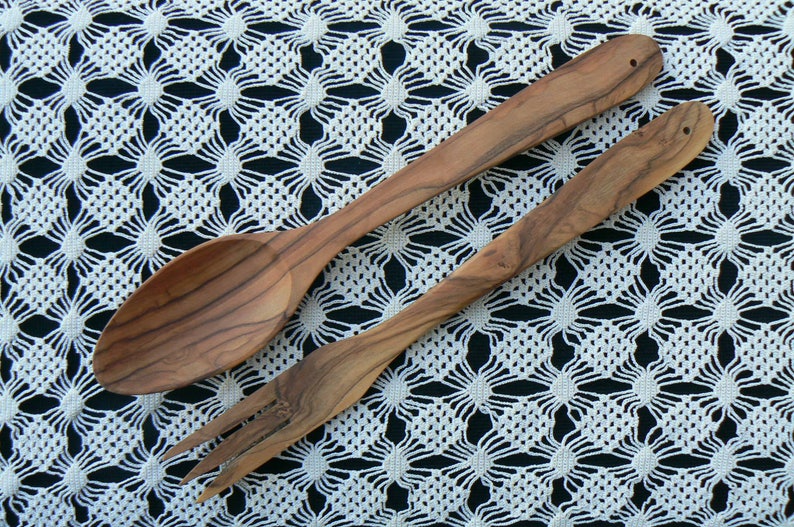 Olive Wood Tableware Spoon and Fork Cutlery Set. Long Salad Serving Set made of Olive Wood.
