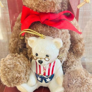 Lenox 100th Anniversary American Bear, Plush Teddy Bear, with a Lenox White China Ornament Bear in original box, All American, 4th of July