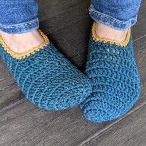Hand Crochet Teal Slipper Socks, Yellow Trim, Comfy House Shoes