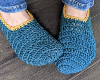 Hand Crochet Teal Slipper Socks, Yellow Trim, Comfy House Shoes