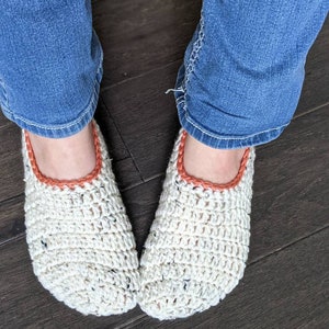 Hand Crochet Slipper Socks: Oatmeal with Coral Edging, Cozy House Shoes