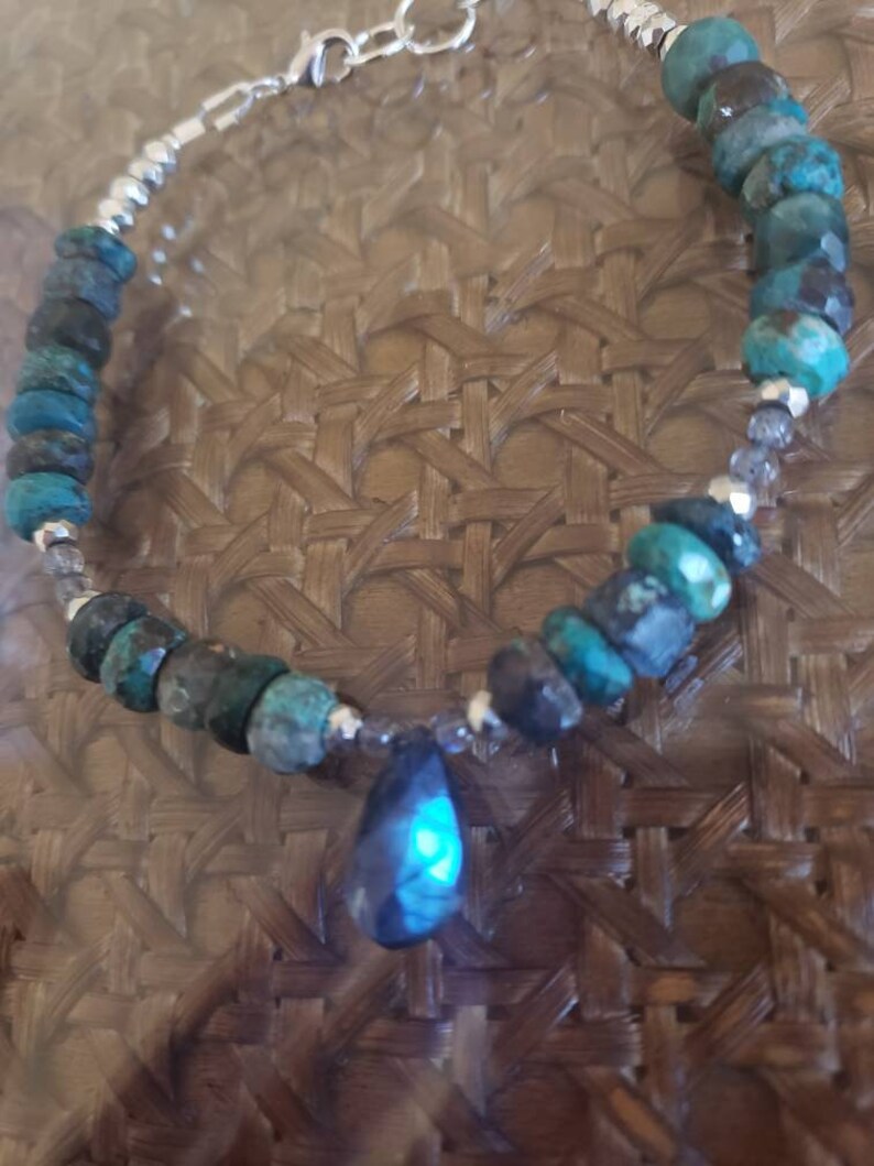 Faceted Chrysocolla Bracelet Labradorite Briolette Tennis Bracelet Pyrite Dangle Bracelet Empath Protection Healing Crystals Sterling Silver