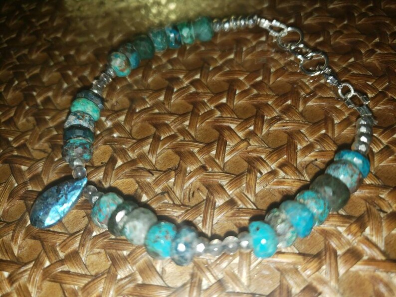 Faceted Chrysocolla Bracelet Labradorite Briolette Tennis Bracelet Pyrite Dangle Bracelet Empath Protection Healing Crystals Sterling Silver