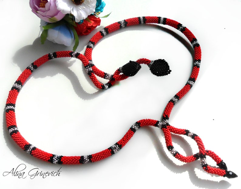 Red snake Snake bracelet Beaded jewelry Coral snake Crochet Etsy