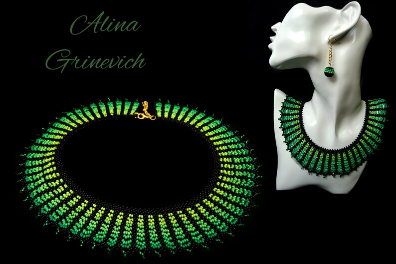 Women/'s Gift Green beaded necklace Collar for woman Green dress Black beaded necklace Black beaded earrings Earrings Balls Gift for mom