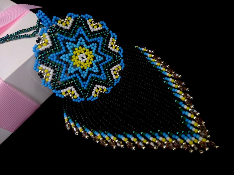 Huichol beaded pendant Seed bead jewelry Mexican jewelry Blue Etsy