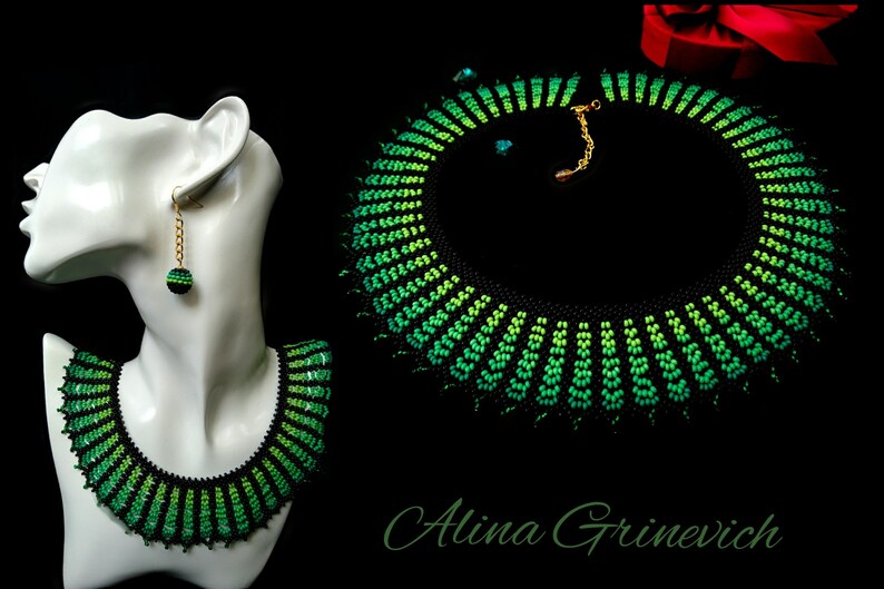 Women/'s Gift Green beaded necklace Collar for woman Green dress Black beaded necklace Black beaded earrings Earrings Balls Gift for mom
