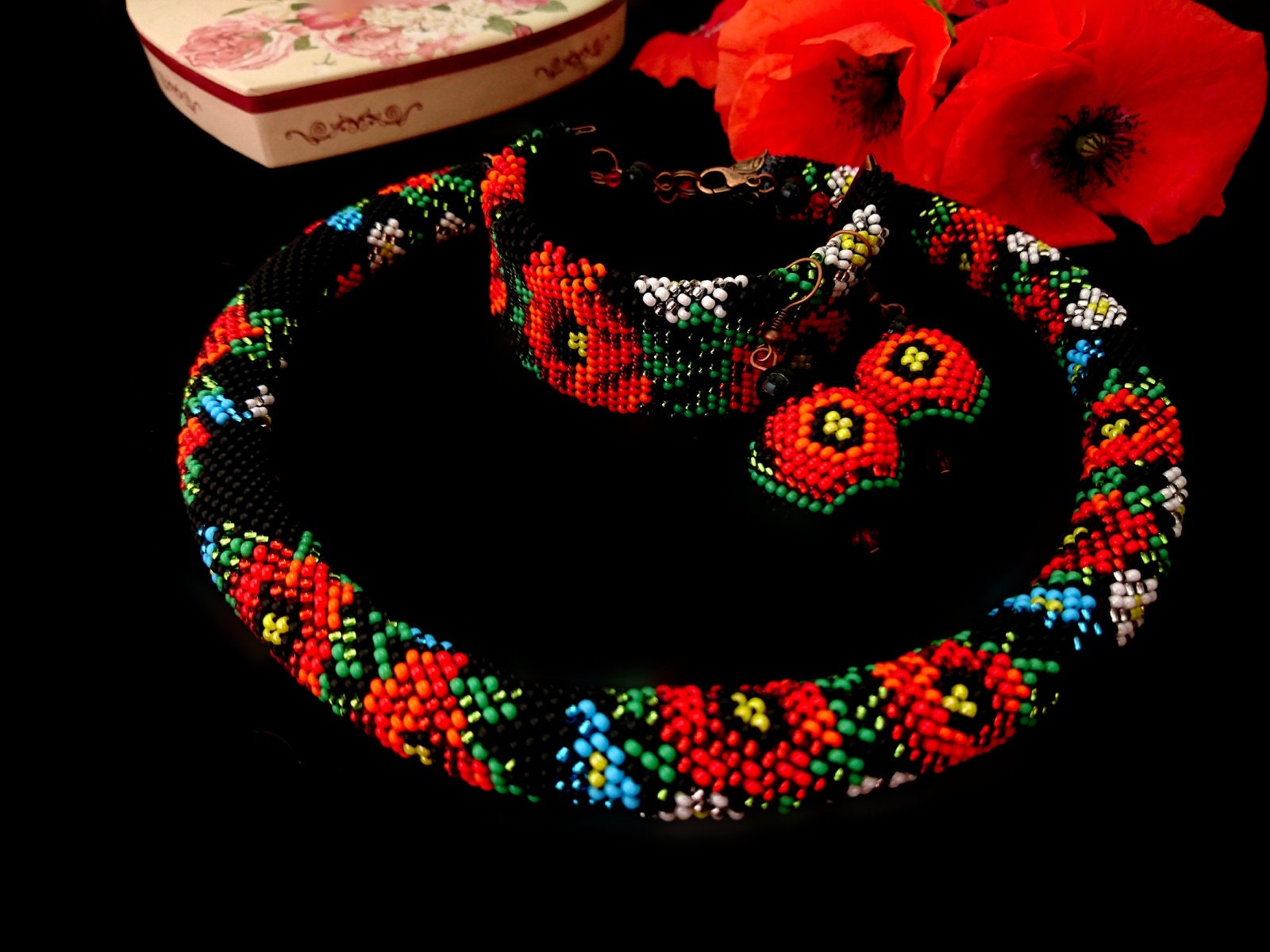Beaded jewelry set Black Necklace Black bracelet Black | Etsy