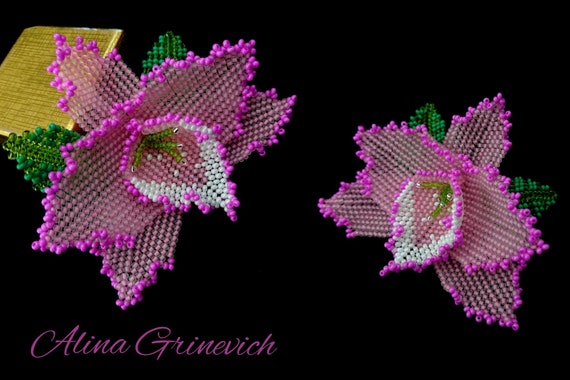 Beaded orchid flower brooch seed beads pin beaded floral jewelry pink flower brooch embroidered orchid jewelry best gift for her