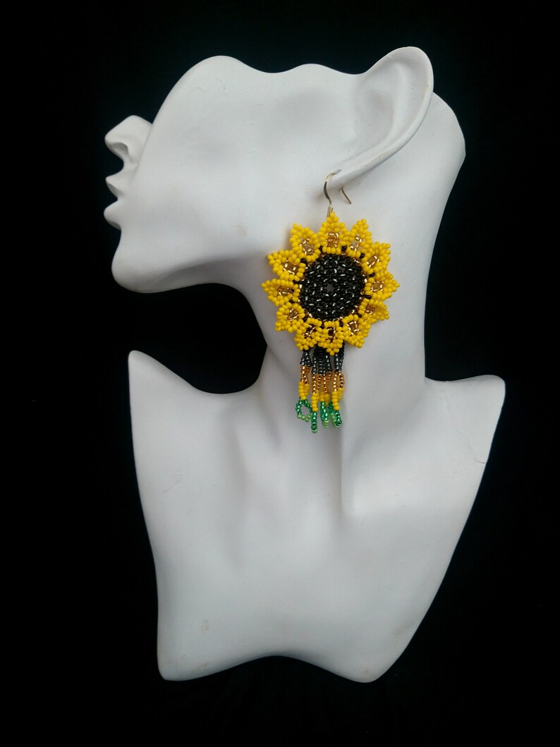 Sunflower Earrings Huichol bead earrings Seed bead earrings Etsy
