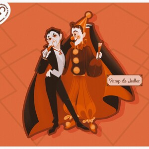 May include: Illustration of a vampire and a jester standing together on an orange background. The vampire wears a black suit and cape, while the jester is in orange and brown attire. The text "Vamp & Jester" is displayed.