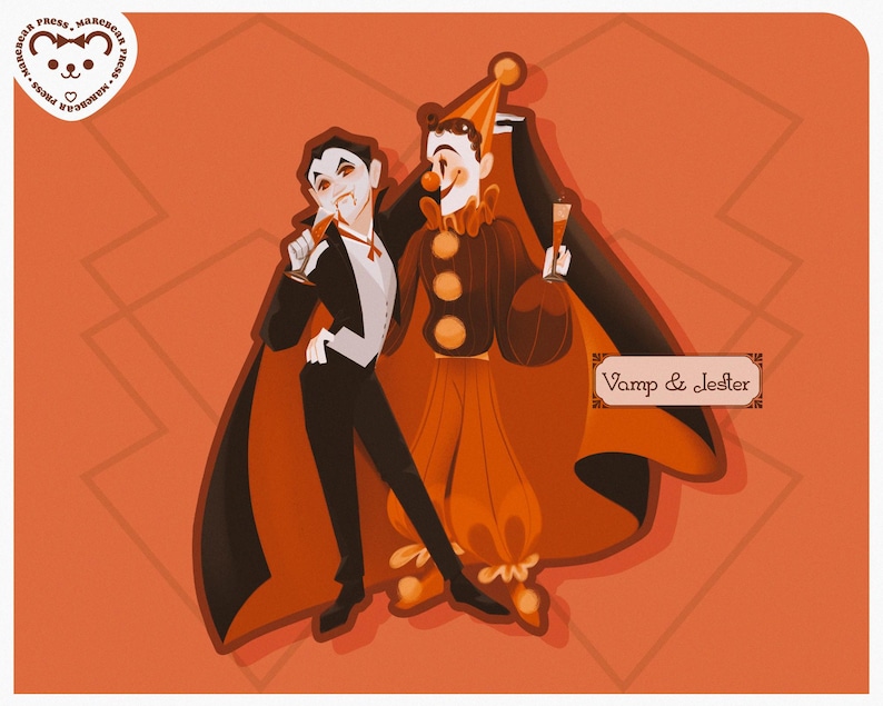May include: Illustration of a vampire and a jester standing together on an orange background. The vampire wears a black suit and cape, while the jester is in orange and brown attire. The text "Vamp & Jester" is displayed.