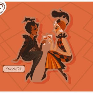 May include: Illustration of two stylized figures, one dressed as a bat and the other as a cat, toasting with wine glasses. The figures are set against an orange background with geometric lines. The text "Bat & Cat" is displayed.
