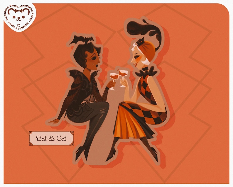 May include: Illustration of two stylized figures, one dressed as a bat and the other as a cat, toasting with wine glasses. The figures are set against an orange background with geometric lines. The text "Bat & Cat" is displayed.