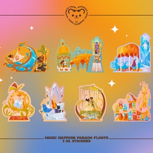 Puede incluir: Conjunto de ocho pegatinas coloridas de 7,6 cm con ilustraciones de carrozas de desfile. Las pegatinas representan escenas con personajes en diversos escenarios, como un barco, un castillo y un carruaje de calabaza. El texto en las pegatinas dice "Magic Happens Parade Floats".