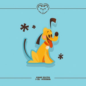 May include: A yellow cartoon dog with a red tongue sticking out, sitting on a blue background with brown stars. The text "CAMP PLUTO 3 in. STICKER" is below the dog.