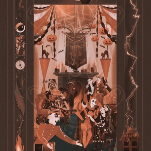 May include: A Halloween-themed illustration with a full moon, an owl, and bats. The scene depicts a party with costumed figures, pumpkins, and candles, rendered in shades of brown and orange.